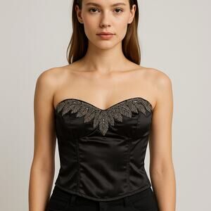 Charlotte Russe Black Satin Beaded Corset Top Strapless Bustier Y2K Glam